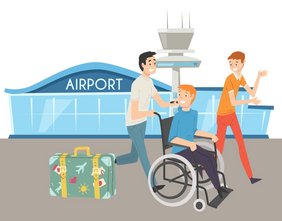 Grafik Rollstuhlfahrer mit 2 Menschen am Flughafen