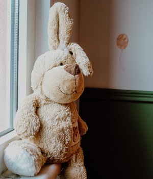 Kuscheltier Hase sitzt am Fenster