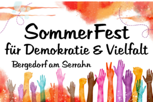 Schriftzug "Sommerdest für Demokratie und Vielfalt" mit bunten Armen und Händen im Bild