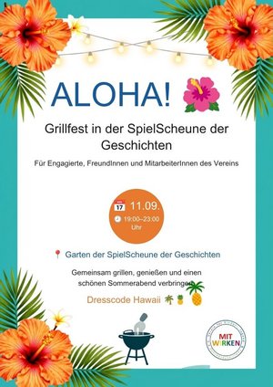 Ein Plakat mit tropischen Blumen, welches als Einladung zum Grillfest fungiert. Hier sind die wichtigsten Eckdaten abgebildet.